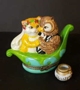 Vintage Hinged Trinket Box Owl & Pussycat In Boat With Mini Honey Pot - Picture 1 of 7