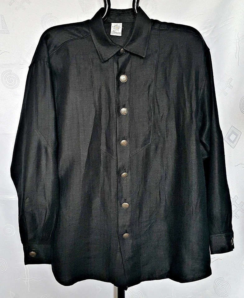 AUTENTICA CAMICIA DA UOMO AMANN TYROL OKTOBERFEST DIRNDL TINTA UNITA LINO NERO US17 EU43 - Immagine 1 di 4