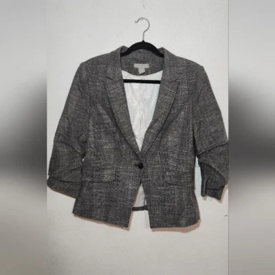 H&M Gathered Sleeves Black and White One Button Plaid Blazer Size Medium - Image 1 of 4