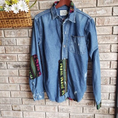 Camisa Denim Artisan De Luxe ADL Patchwork Envejecida Talla M Azteca Boho Foto 1 de 4