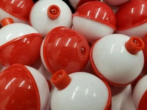 12- FISHING BOBBERS 1-1/2" Round Floats Red White Plastic SNAP ON FLOAT Bobber - Picture 1 of 2