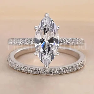 3ct Marquise Cut Simulated Diamond Bridal Set Round Accent 14K White Gold Plated - Picture 1 of 9