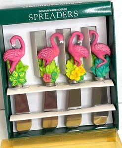 Pink Flamingo Cheese Jelly Spreader Set Stainless Steel Tropical Butter Knives - Picture 1 of 9