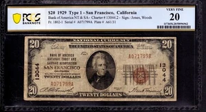 1929 $20 BANK OF AMERICA NATIONAL BANK NOTE SAN FRANCISCO CALIFORNIA PCGS VF 20 - Picture 1 of 2
