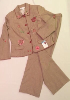 Traje Pantalones Susan Bristol Bronceados Bazar Ruso Rojo Acentos Florales talla 16 Foto 1 de 4