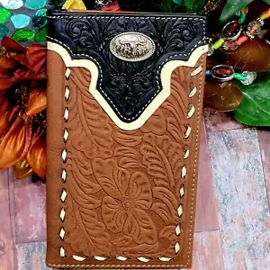 Longhorn Western GENUINE LEATHER Wallet Long Bifold Tan and Black Handtooled - Picture 1 of 7