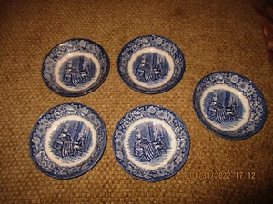 5 cuencos de postre de frutas BETSY ROSS Liberty Blue Historic Colonial Scenes Inglaterra - Imagen 1 de 5