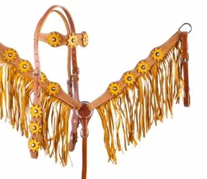SONNENBLUMENLEDER Trense Wildleder gelb FRANSEN Brustkragen & Zügel Tack SET - Bild 1 von 4