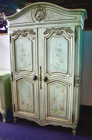 French Provincial Hand Painted Solid Wood ARMOIRE / WARDROBE by ROMWEBER, 1940s Cover