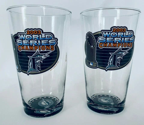 Set 2 Florida Marlins 2003 WORLD SERIES CHAMPIONS Pint Glass TROPHY LOGO Miami Cover