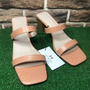 H Halston Womens Block Heel Sandals Vegan Leather Square Toe 10 - Picture 1 of 7