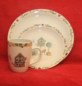 Thomson Pottery Birdhouse 3 Pcs. Dinner & Luncheon Plate and Mug / Cup - Picture 1 of 8