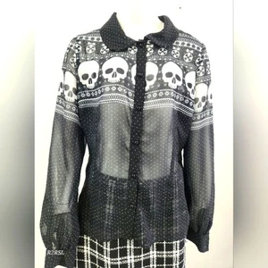 Hell Bunny Sheer Button Up Skull Print Black/ White Womens M - Picture 1 of 12