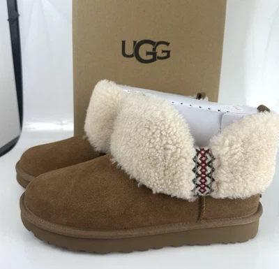 UGG Women's US 9 Chestnut Ultra Mini Braid Genuine Shearling Bootie NEW In Box - Image 1 of 4