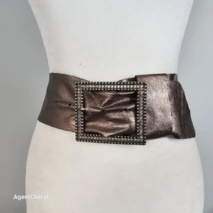 B-LOW THE BELT 36 35-39” Soft Scrunch Leather Crystal Buckle Wide Belt Champagne - Bild 1 von 16