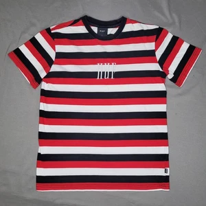 HUF Shirt Mens Small Red White Navy Striped Embroidered Logo Short Sleeve Skate - Picture 1 of 13