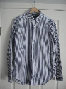Polo Ralph Lauren Men Button Up Shirt Sized Medium Navy Blue And White Strip - Picture 1 of 6