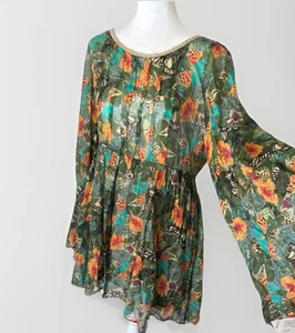 Farm Rio kleines bedrucktes Etuikleid Schmetterling Dschungel Glockenärmel Netz - Bild 1 von 9