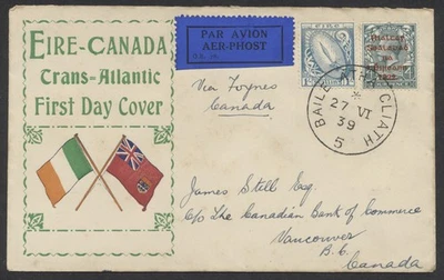1939 Pan-Am TransAtlantic Flight Ireland to Shediac NB Nice Flags Cachet - Изображение 1 из 2