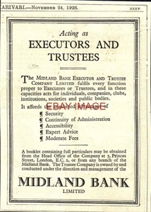 Advert for MIDLAND BANK Executor & Trustee Services 1926 Small Print Ad 726/116 - Picture 1 of 1