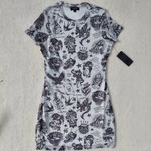Y2k Ed Hardy Flashboard Mesh Tattoo T-shirt Bodycon Dress Womens Medium NWT - Picture 1 of 13