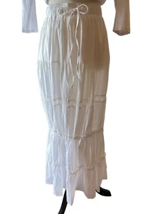 White Tiered Maxi Skirt Elastic Waist Drawstring Women Size S Lightweight Beach - Picture 1 of 15