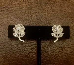 Sterling Silver Marcasite Rose Earrings Screwback - Picture 1 of 7