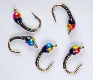 Zebra Midge Tungsten Nymphs Black Rainbow - Premium Trout Fly Fishing Flies Lot - Picture 1 of 19