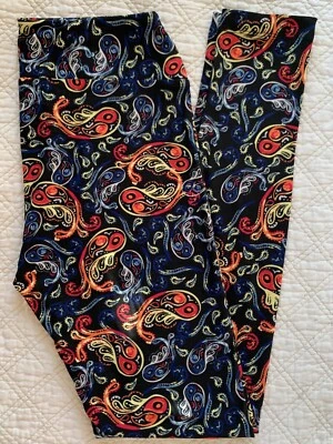 Leggings Lularoe OS Negro con Rojo Naranja Amarillo Blanco Azul Cachemira Pez DE COLECCIÓN Foto 1 de 2