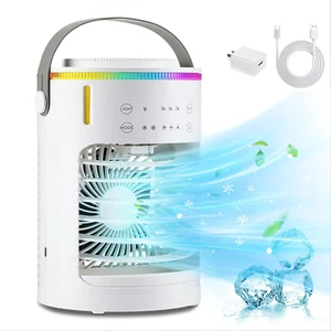 Portable Air Conditioner Fan, 3 Speeds, 5000mAh Battery, 7 LED Lights, White - Picture 1 of 9