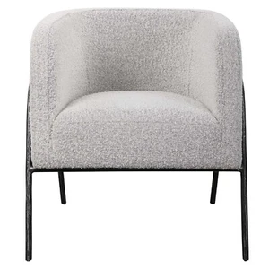 Retro Modern Gray Barrel Back Accent Chair Iron Frame Textured Fabric Scandi - Picture 1 of 18