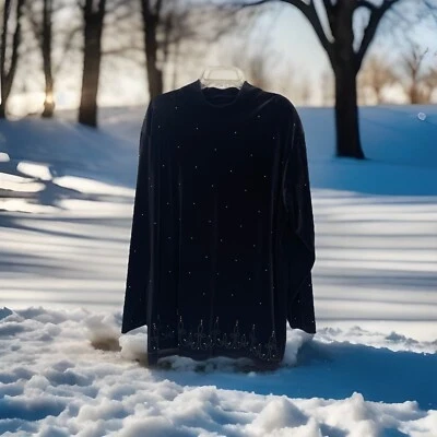 NUEVO CON ETIQUETAS Túnica Bechamel Con Acentos Dorados Cuello Redondo Terciopelo Negro Top 1X Foto 1 de 4