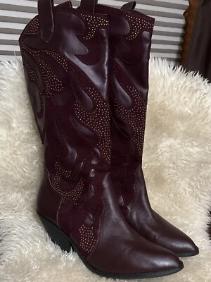 Carlos Santana Mujer Axel Cuero Punta Punta Vaquera Botas Talla 9.5 Granate Foto 1 de 4