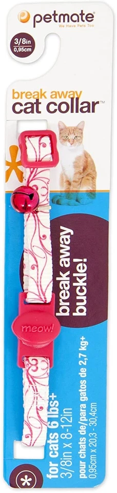 Ошейник для питомца кошки Petmate Breakaway с колокольчиком ~белые/пурпурные завитки ~ от 8 до 12 дюймов x 3/8 дюйма - Изображение 1 из 1