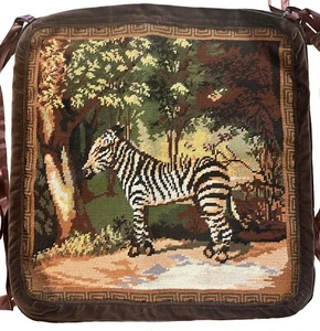 New Wool Needlepoint Chair Cushion Zebra in the Jungle Seat Pad with Ties 18x18 - Picture 1 of 2