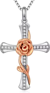 Rose Cross Necklace for Women 925 Sterling Silver Infinity Rose Cross Pendant Cu - Picture 1 of 12