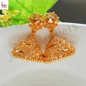 18 Kt Hallmark Real Solid Yellow Gold Indian Jhumka Women'S Dangle Drop Earrings - Picture 1 of 6