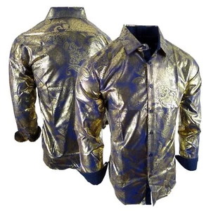 Mens Blue Shirt Shiny Gold Paisley Floral Coating Stretch Button Up Casual Dress - Picture 1 of 7