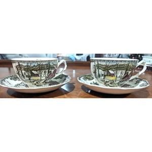 Vtg Set of 2 Johnson Bros Friendly Village Ice House Tea Cups & Saucers England - Picture 1 of 6