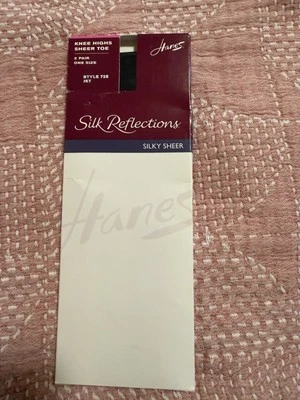 Hanes Silk Reflections Silky Sheer 2 Pair One Size Jet Black Style 725 Kneehighs - Image 1 of 4
