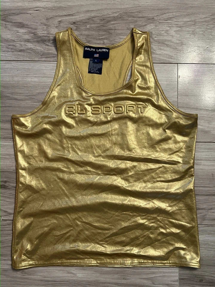 Camiseta sin mangas Ralph Lauren Polo Deportiva DORADA METÁLICA RARA DE COLECCIÓN para mujer grande HECHA EN EE. UU. Foto 1 de 4