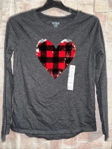 Cat & Jack girls long sleeve shirt heart sequin Buffalo Plaid Heart XL 14/16 - Picture 1 of 3