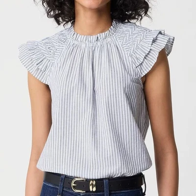 J.CREW Flutter Sleeve Top Medium Blue White Stripe Preppy Workwear Casual Blouse - Image 1 of 4