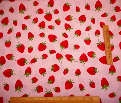 Quilt Fabric 1 Yard Red Strawberries White Dots on Light Pink Premium Cotton - Image 1 of 2