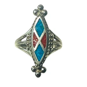 Southwestern Ring Silver Tone Faux Turquoise Coral Inlay Blue Red Size 6.25 - Picture 1 of 15