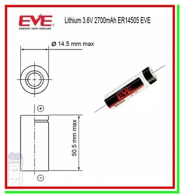 EVE 14505 Batteria 14500 Pila 3,6V Li-SOCl2 2700mAh Assiale Fili Saldare Reofori