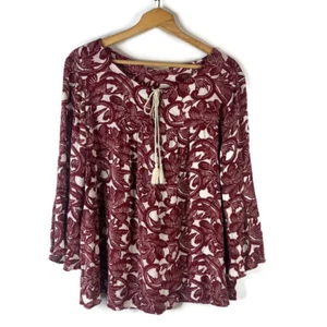 Ann Taylor LOFT Damen Bluse Top Größe Large weinrot Blumenmuster Bauer Tasseled - Bild 1 von 11