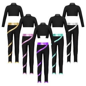 Kids Girls Crop Top With Pants Rhinestones Sports Outfits Figure Skating Shiny - Picture 1 of 55