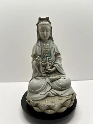 Asian Goddess Guan Yin Seated Lotus Statue Garden Sculpture Bodhisattva Figurine - Image 1 of 4