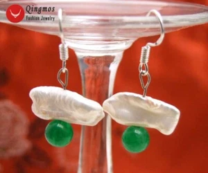 12-15mm Biwa Natural White Pearl Earring for Women 6mm Green Jade Dangle Earring - Picture 1 of 3